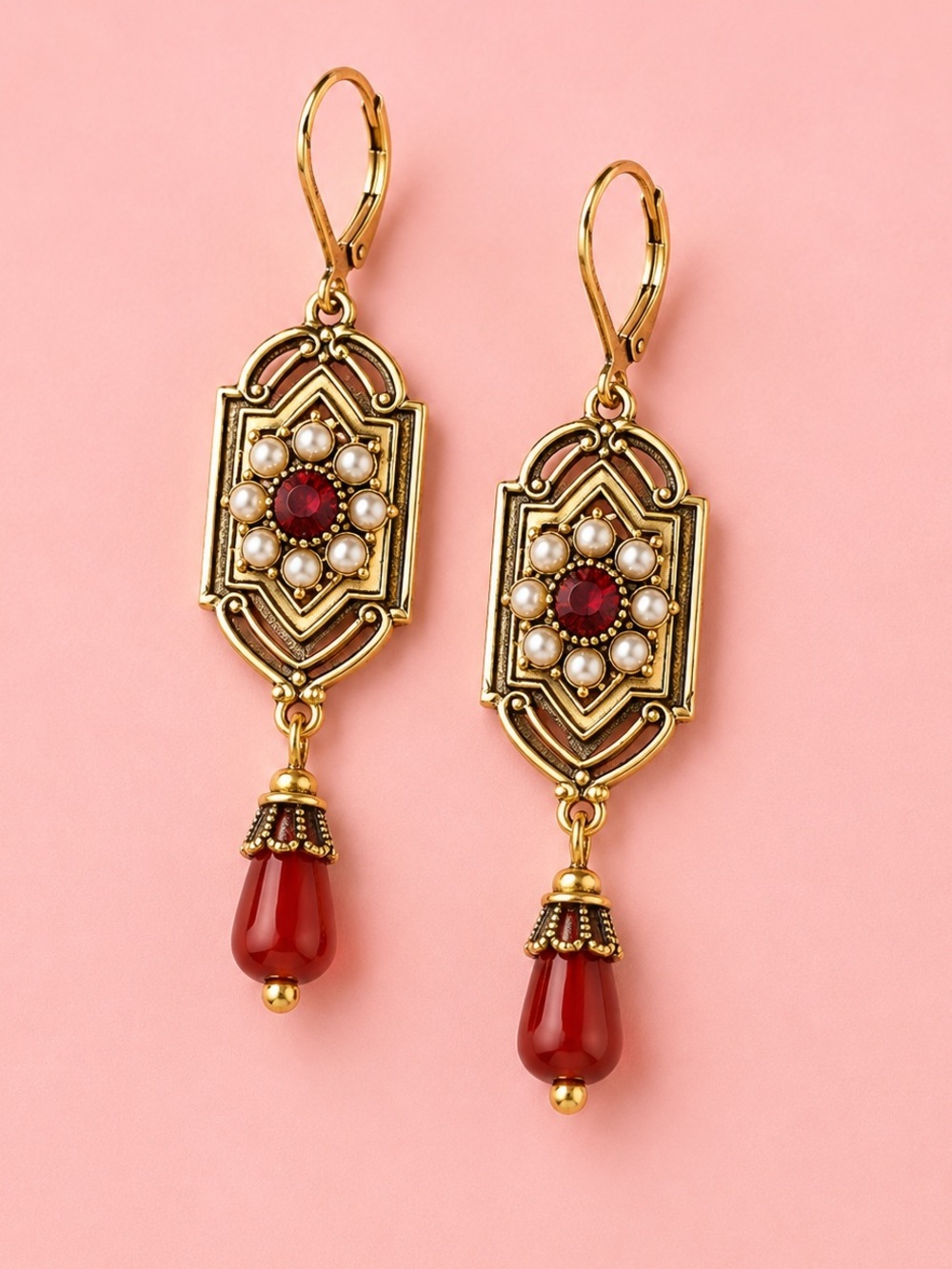 Marquis Ethnic Ruby Vintage Bronze Brushed Earrings